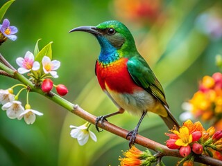 Fototapeta premium Ruby-cheeked Sunbird in Flight, Hijuli Forest, West Bengal, India - Drone Photography