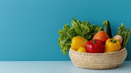 Healthy grocery lists. A vibrant basket of fresh fruits and vegetables against a blue background.