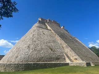 Frog view of backside of Mayan pyramid in Uxmal, Yucatan Peninsula, Mexico