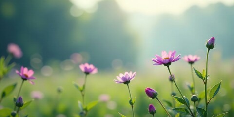 Soft Light Illuminates Delicate Pink Flowers in a Serene Meadow