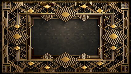 Art deco frame with golden geometric pattern on dark luxury background, digital art 