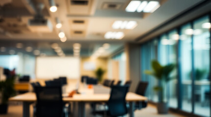 Soft blur of an office space with minimalist design and bright natural lighting, creating a calm work environment.