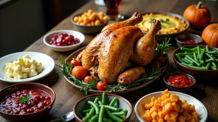 A Roasted Chicken Feast with Abundant Side Dishes on a Wooden Table