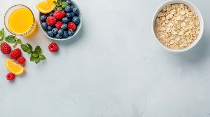 Healthy grocery lists. Fresh fruits and oatmeal arranged on a light surface, promoting healthy eating and breakfast options.