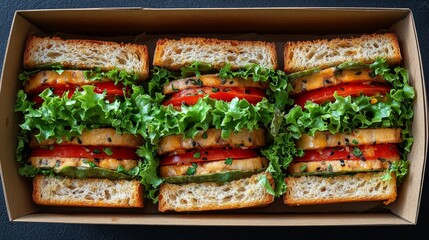 Three grilled cheese and tomato sandwiches in a box.