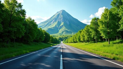 Naklejka premium Scenic Highway Leading to a Majestic Mountain Peak Under a Sunny Sky