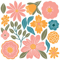Colorful flowers pattern, vector illustration botanical elements background.