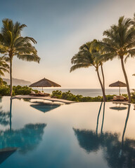 Obraz premium sea view, swimming pool, terrace bed, modern, luxury, beach house, blue sky, ocean view, beachfront, vacation home, outdoor lounge, infinity pool, tropical, luxury living, scenic view, coastal, relaxa