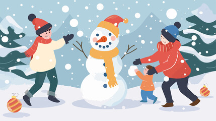 Mother and Son Building Snowman Together in Winter Snowy Day