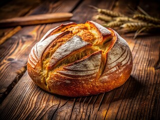Rustic Crusty Bread Loaf on Wooden Table - High-Resolution Stock Photo