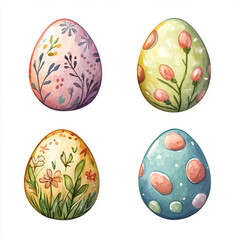 Fototapeta premium Set of 4 Watercolor Vintage Easter Eggs with Floral Patterns, Pastel Colors, and Delicate Details, Isolated on White Background