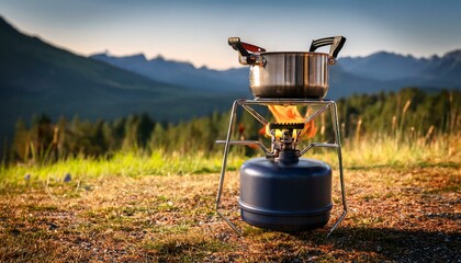 a portable lpg gas stove being used for outdoor camping with food cooking over a flame mz