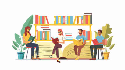 Diverse Group of People Reading and Sitting on Giant Book on Landing Page