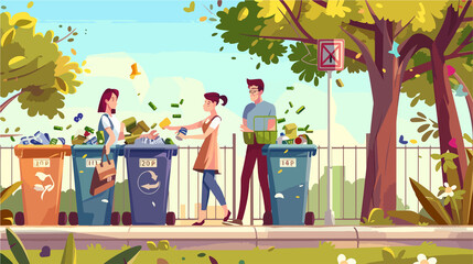 Diverse People Sorting Garbage Near Colorful Trash Bins