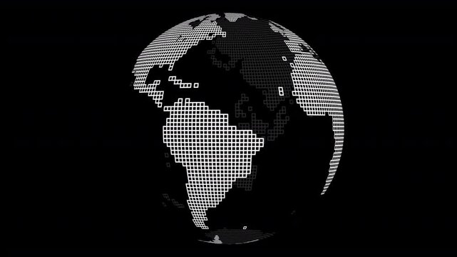 White Grid Pattern Globe World Rotating on Black Background Seamless Loop - Spinning globe made with square grid lines world map	