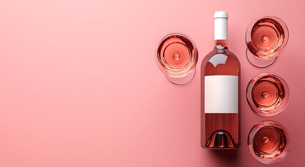Overhead view of a bottle of rose wine and four glasses filled with rose wine on a pink background.