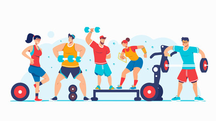 Professional Gym Training Session with Coach Assist. Diverse Characters Working Out Together in Fitness Center