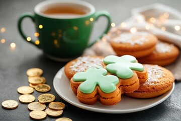 St. patrick's day treats: shamrock cookies and scones with gold coins