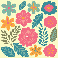 Colorful flowers pattern, vector illustration botanical elements background.