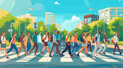Urban Lifestyle: Diverse Group of People Walking at Crosswalk
