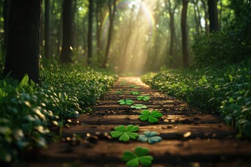 Serene forest path with clover leaves and sunlight beams