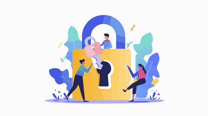 Diverse Group of Business People with Key near Padlock - Teamwork and Security Concept