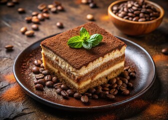 Rustic Plate of Delicious Tiramisu Dessert with Cocoa and Coffee Beans