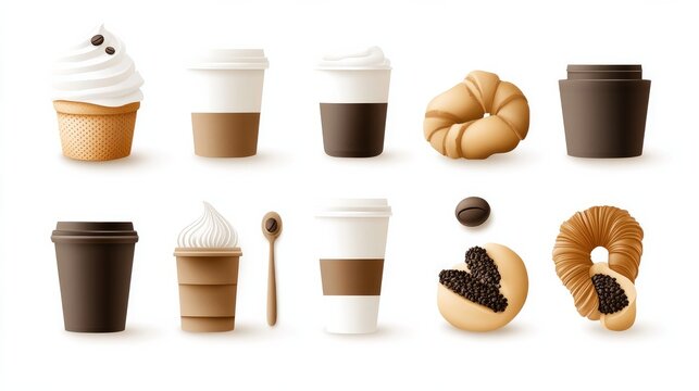 3D coffee and pastry items Tea cup takeaway coffee croissants cookies sweet desserts like cakes with cream and chocolate Bakery vector set