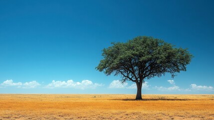 Obraz premium Solitary tree in vast golden field under a vibrant blue sky.