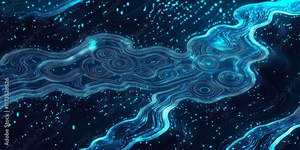 Poster isometric digital data flow illustration with abstract waves and light patterns for technology conce