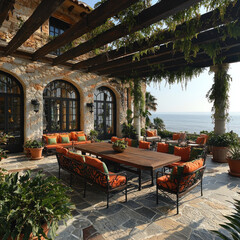 Obraz premium Coastal villa patio with pergola, ocean view, outdoor furniture