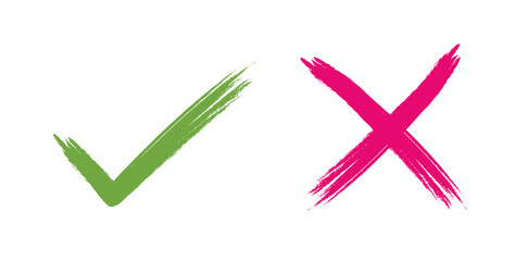 A tick and cross minimalist grunge style depiction of a in green and red, symbolizing agreement and rejection. Features hand drawn strokes, simple outlines x checkbox elements for identity, trust