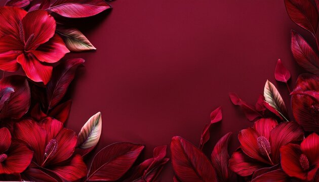 a floral background with red flowers and leaves abstract maroon foliage background with negative space for copy