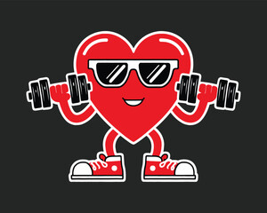 Heart character wearing sunglasses and lifting dumbbells. Strong heart lifting weight.