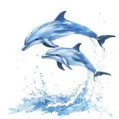 Fototapeta premium pair of watercolor dolphins leaping from water, creating splashes and waves. vibrant blue tones capture beauty and grace of these marine animals in motion