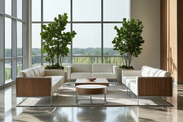 Modern lobby lounge with cityscape view, plants, and wooden accents for corporate design