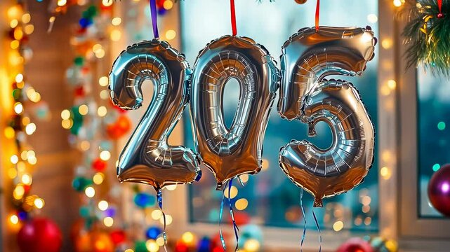 The image features shiny silver balloons reading "205" against a backdrop of warm, colorful lights. It's a celebration scene, potentially for a New Year&rsquo;s or birthday party, creating a joyful and