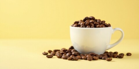 Naklejka premium Aromatic Coffee Beans in a White Cup on a Pale Yellow Background