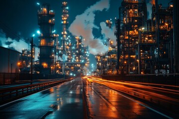 Fototapeta premium Nighttime view of a bustling industrial complex with illuminated structures and moving vehicles on a wet road