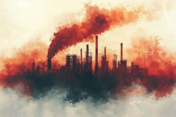 Obraz premium Industrial skyline shrouded in dark smoke and reddish haze during sunset hours