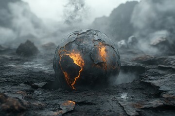 Volcanic sphere emerges from molten landscape, showcasing raw power of nature in hostile environment