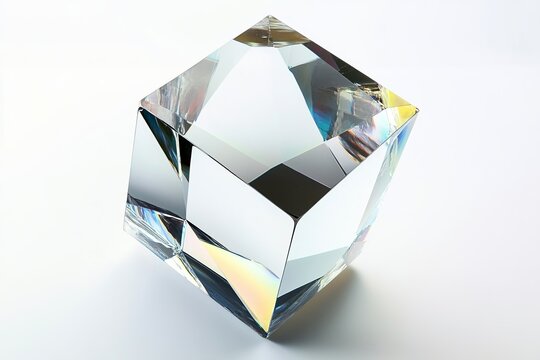 A captivating image of a transparent glass cube showcasing beautiful prismatic reflections on a clean white surface.