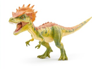 Obraz premium A colorful dinosaur toy figure with a spiky crest, posed as if roaring.