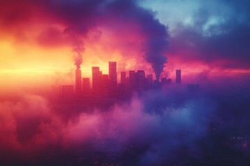 Smoky skyline against vibrant sunset colors in urban environment