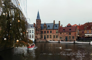 Fototapeta premium Bruges, canal, beautiful landscape, boats