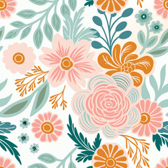 Colorful flowers pattern, vector illustration botanical elements background.