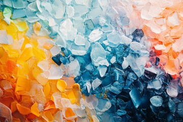 Colorful abstract composition of crushed ice and glass pieces in blue, orange, and yellow tones