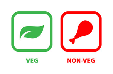 Fototapeta premium Veg and non-veg food icon. Leaf and meat symbol in square. Vegetarian and non-vegetarian symbols. Green dot and red dot in squares. Vegan and non-vegan food labels. Vector illustration.