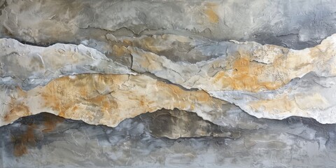 Naklejka premium Abstract Landscape Painting: Textured Grey and Gold Hues, Layered Rock Formation Art