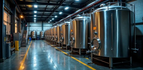Modern beer factory storage tanks with machinery, beer, storage